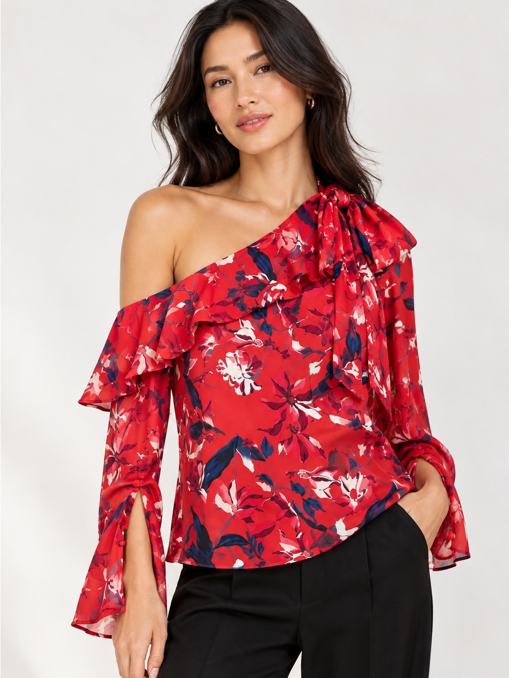Tanya Taylor Jules 100% Silk Floral One Shoulder Blouse Red Size 6